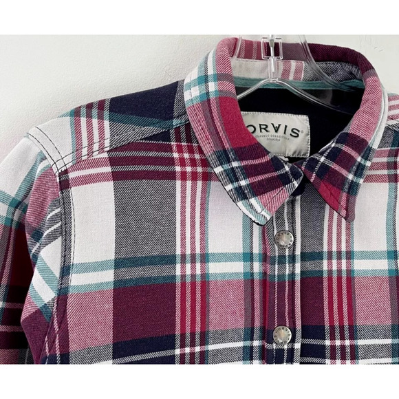Orvis Women's Pinnacle Shacket Plaid Flannel M Snap Button Up Shirt Fleece Lined - Picture 3 of 8